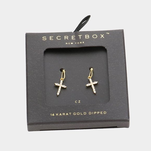New! Secret Box 14K Gold Dipped Dainty Cross CZ Cubic Zirconia Dangle Earrings - Picture 1 of 2